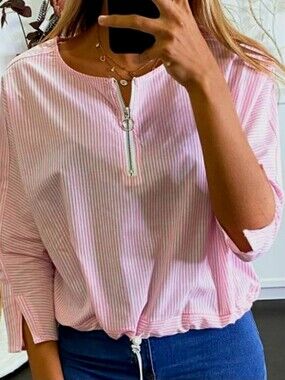 Zara Pink Striped Cotton Zip Top